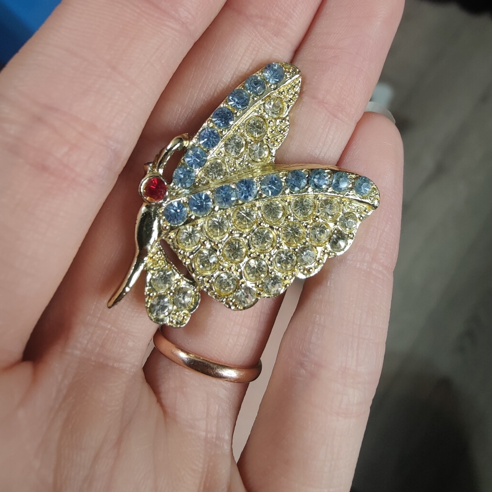 Vintage Butterfly Rhinestone Pin Brooch Gold Tone Midcentury Clear Red Blue